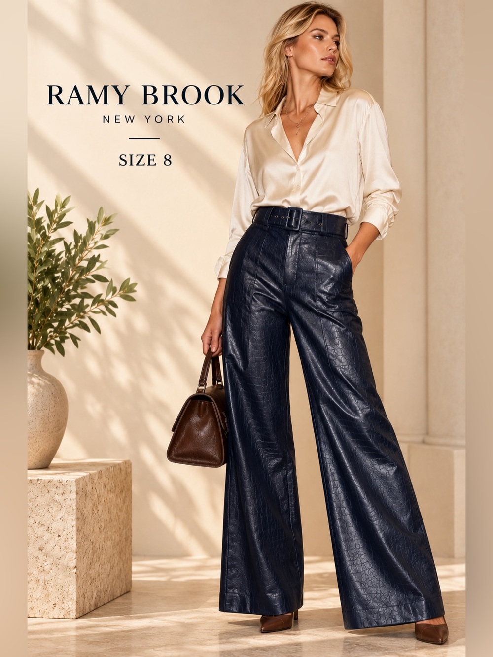 Ramy Brook Bella Navy Faux Leather Wide Leg Belted Pants Size 8